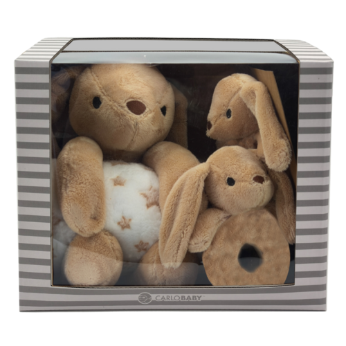 Carlo Baby Gift Set Med Brun Kanin, Snutte & Skallra
