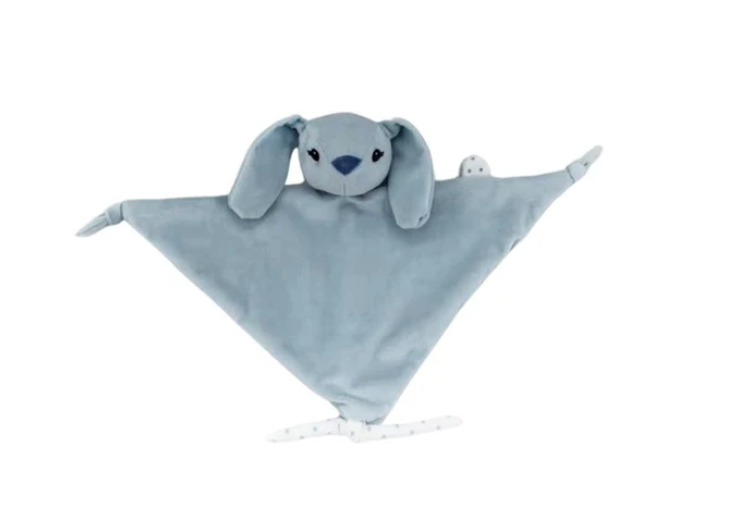 Blå Carlo Baby snuttefilt med napphållare och kaninhuvud framtill.