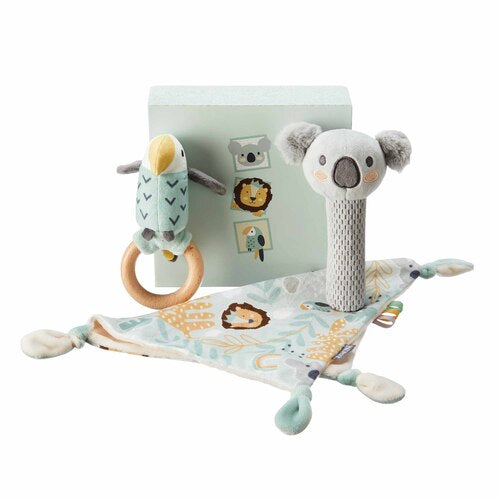 Nuby Animal Adventure Presentset – Skallra, Träbitring & Snuttefilt (från 0 månader)