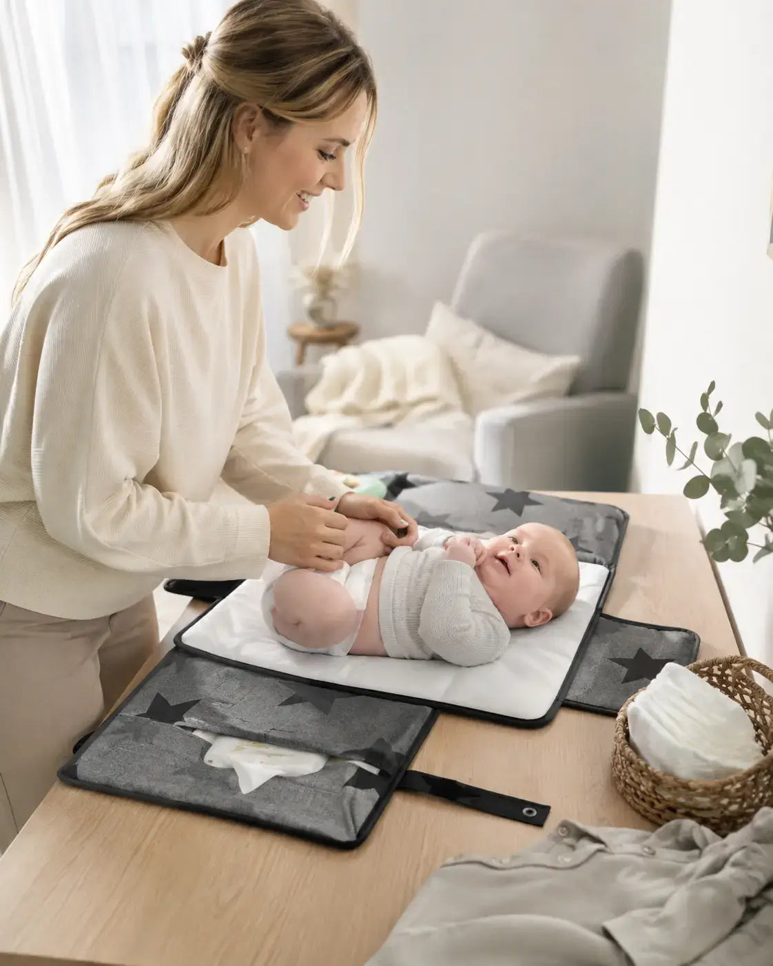 Mamma byter blöja på bebis på en portabel skötmatta.